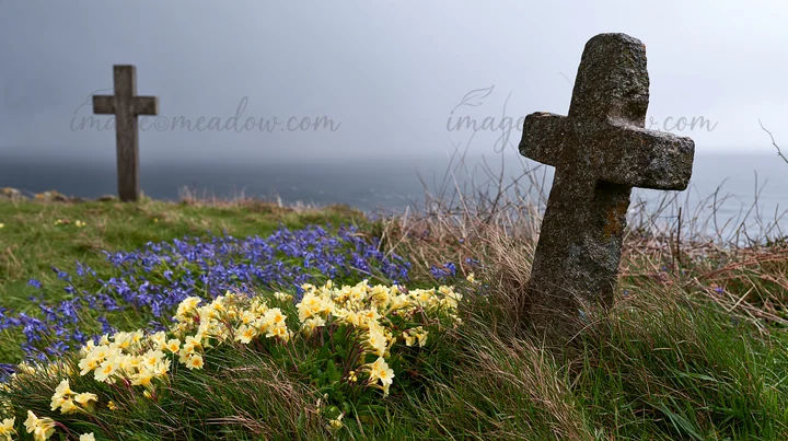 A rustic Christian cross stands among yellow and purple flowers in a winter meadow. The scene captures a coastal landscape under cloudy skies, highlighting natu