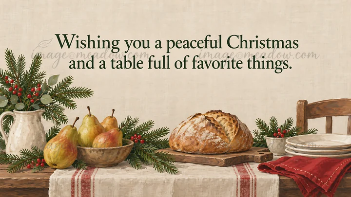 A rustic Christmas table illustration features bread, pears, evergreen branches with red berries, plates, a red napkin and a wooden chair beneath the greeting,