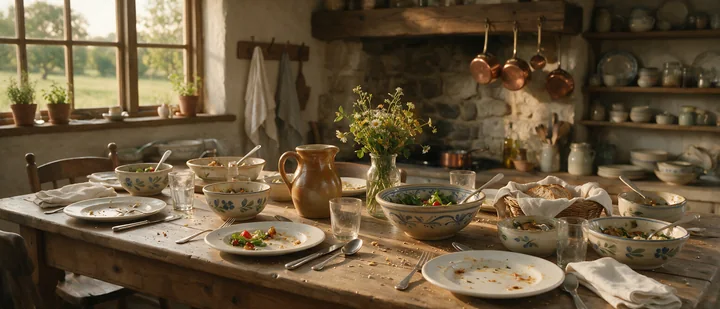 Rustic farmhouse buffet spread across a wooden table in a warm country kitchen with flowers, dishes, bread, and copper pans.