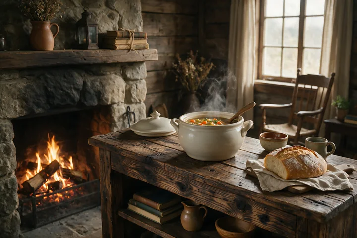 Rustic farmhouse buffet with steaming soup, fresh bread, and cups beside a stone fireplace.