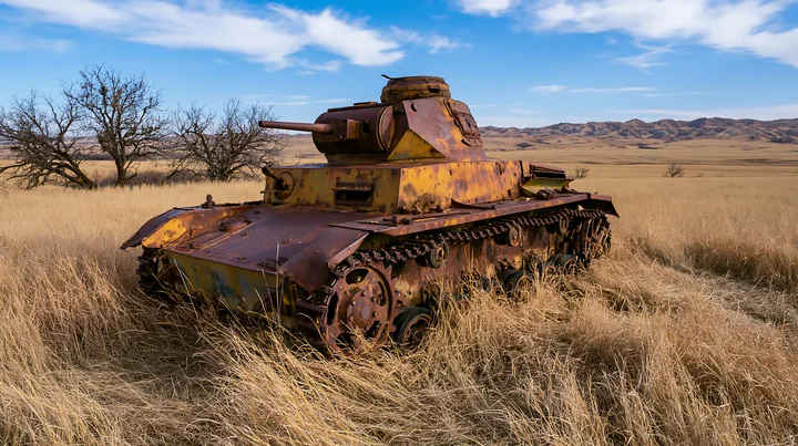 Rusty panzer tank surrounded by tall grass in a dry field beneath a blue sky and distant mountains.