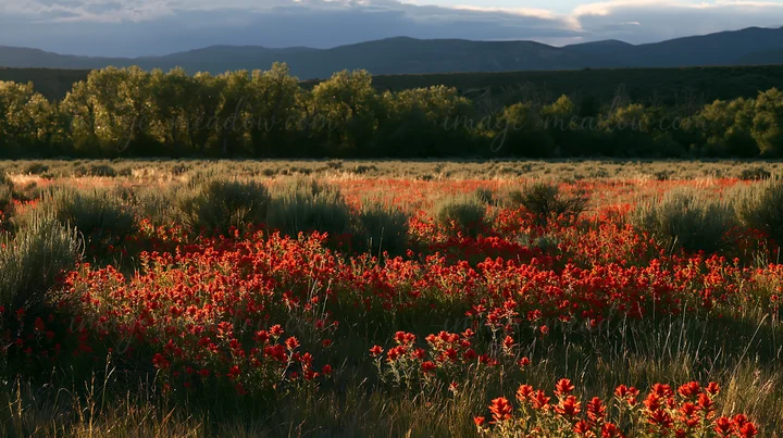 A meadow covered with sagebrush and bright red flowers stretches under a cloudy sky. The landscape shows mountains in the background and tall trees nearby. The