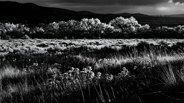 The scene shows a sagebrush meadow with scattered plants and shrubs under a cloudy sky at dusk. The light creates shadows across the landscape, enhancing the te