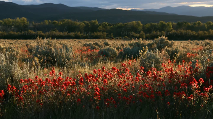 A view of a sagebrush meadow with bright red flowers under soft lighting. The landscape shows distant mountains and trees, creating a natural backdrop.