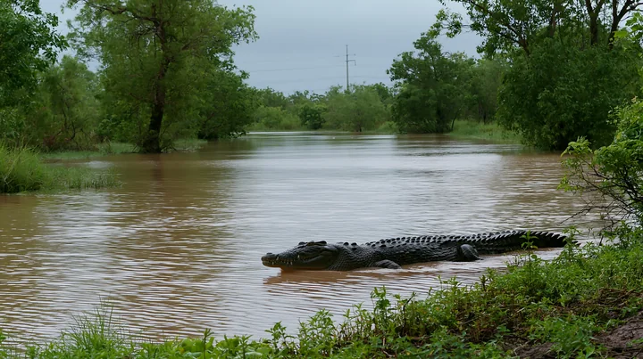 Saltwater crocodile swims through muddy wetland water beside a lush, tree-lined bank.
