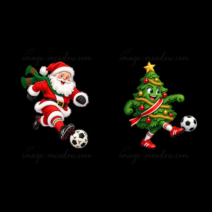 Santa Claus runs while kicking a black and white soccer ball. A smiling Christmas tree with decorations runs alongside him. The scene captures a festive spirit