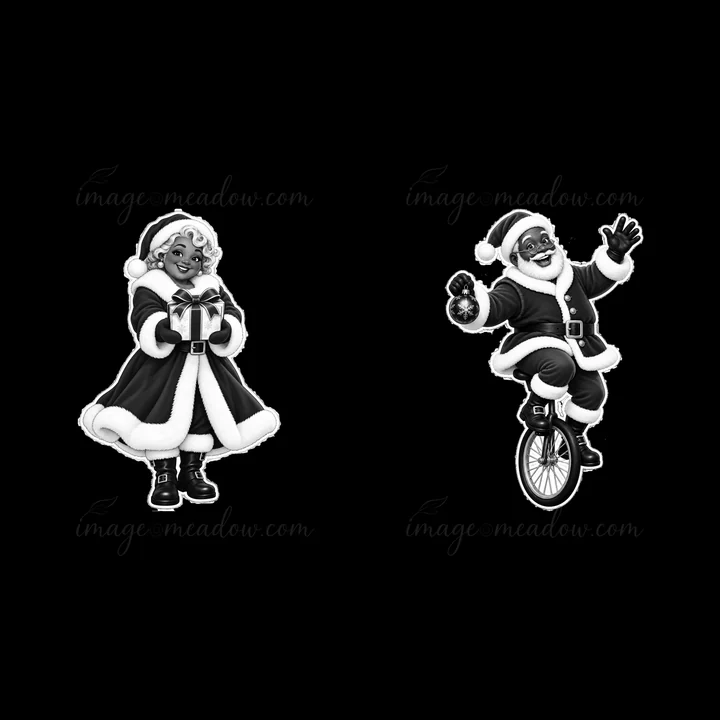 Santa Claus holds a gift while Mrs. Claus rides a unicycle. Both characters are in black and white, highlighting their joyful expressions and festive outfits. T