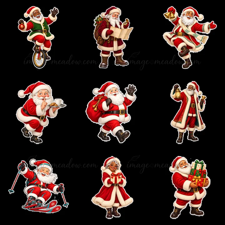 Nine cartoon stickers feature Santa Claus in different activities. Santa rides a unicycle, holds a map, enjoys a cup of coffee, waves, carries bells, skis, and