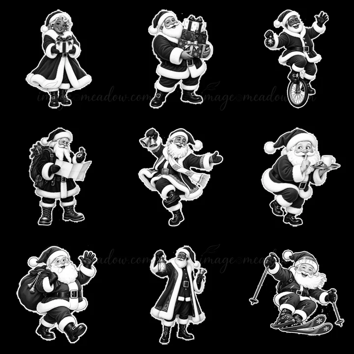 Nine different illustrations show Santa Claus in a grid performing actions like juggling, riding a unicycle, and holding gifts. Each Santa has a unique pose, em