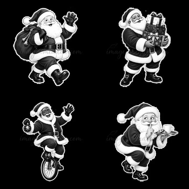 Santa Claus is shown in four different actions: walking with a gift bag, carrying a stack of presents, riding a unicycle, and enjoying cookies and milk. The ill