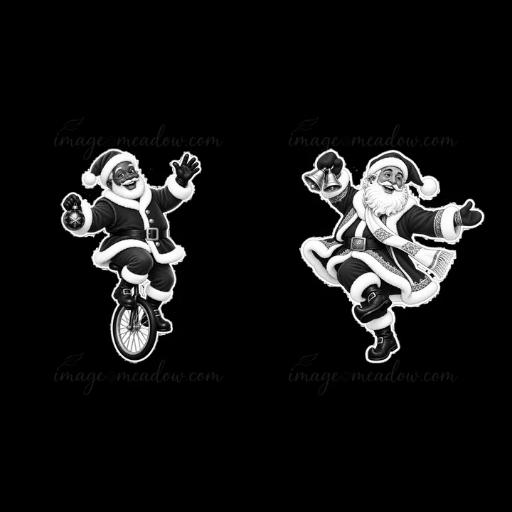 Santa Claus rides a unicycle while waving with one hand. Another Santa dances joyfully, holding a bell. Both characters are in a fun, playful pose, capturing ho