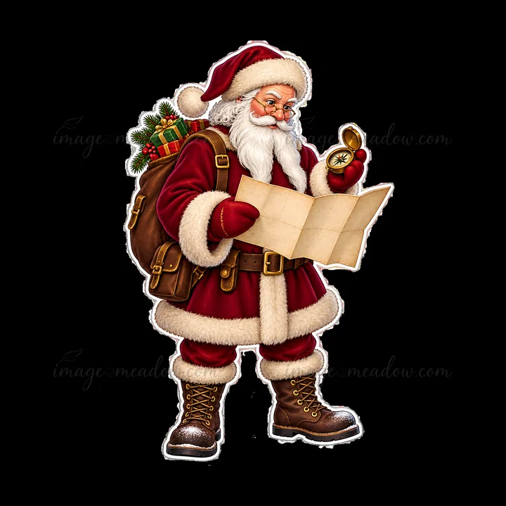 Santa Claus stands holding a map and a compass with a bag of gifts on his back. He has a white beard and is dressed in a classic red suit with fur trim. The sce
