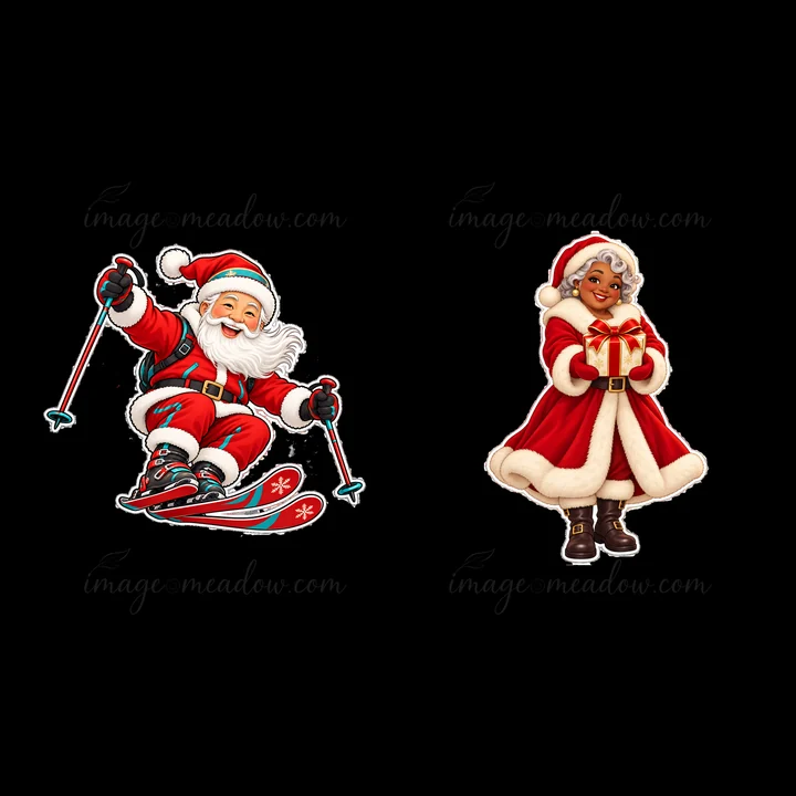 Santa Claus is skiing down a slope with a joyful expression, holding ski poles. Next to him, a woman in a red coat is smiling and holding a gift box. Both figur