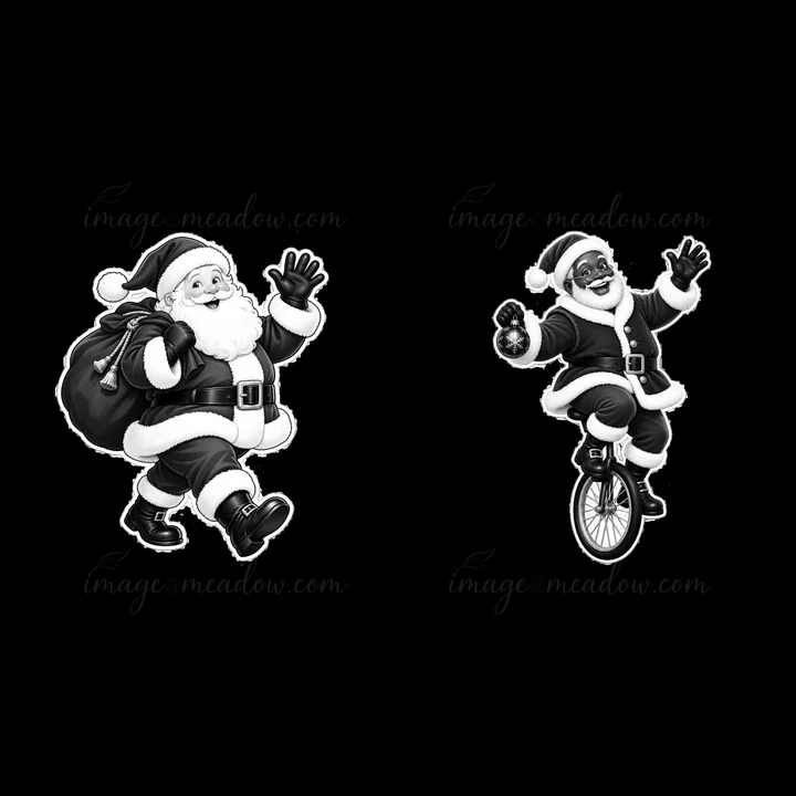 Santa Claus walks cheerfully, waving with a large sack of gifts. Next to him, another Santa Claus balances on a unicycle, holding a small gift. Both characters
