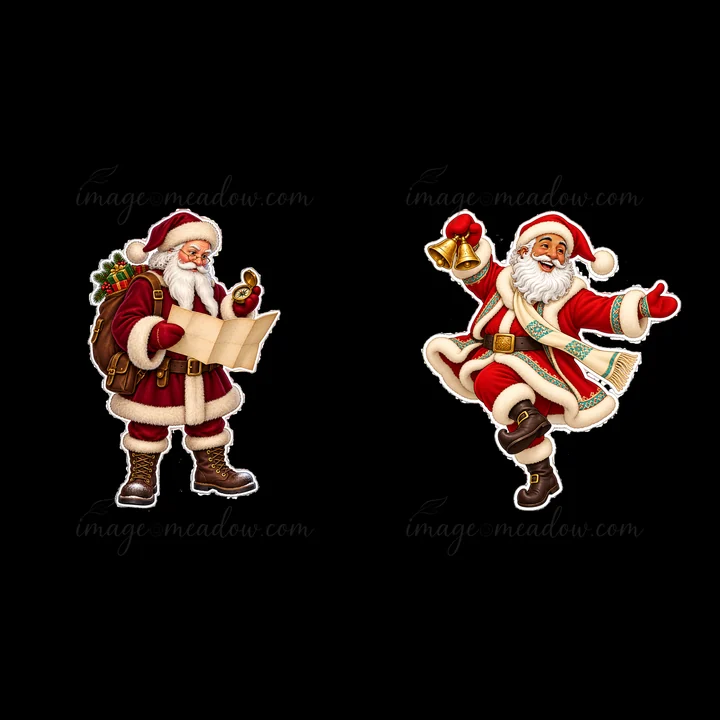 Two Santa Claus characters are visible. One Santa reads a map while holding a sack of gifts on his back. The other Santa joyfully jingles bells and celebrates w