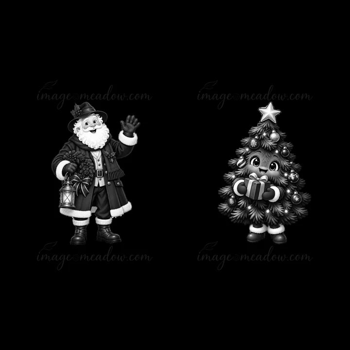 Santa waves while holding a lantern and a gift in a Christmas villa setting. A cute Christmas tree stands next to him, decorated and holding a present.
