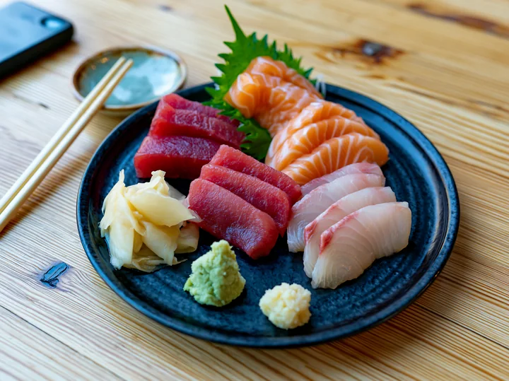 Sashimi platter with pickled ginger features slices of tuna, salmon, and white fish, arranged on a black dish.