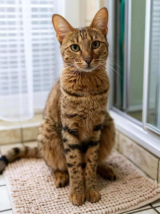 Savannah cat sitting upright on a woven mat beside a bright window indoors.