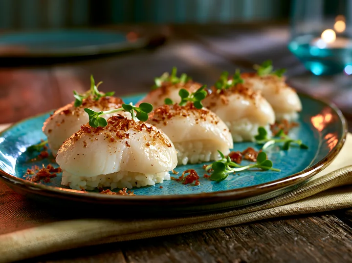 Scallop nigiri with garnish is arranged on a blue plate.