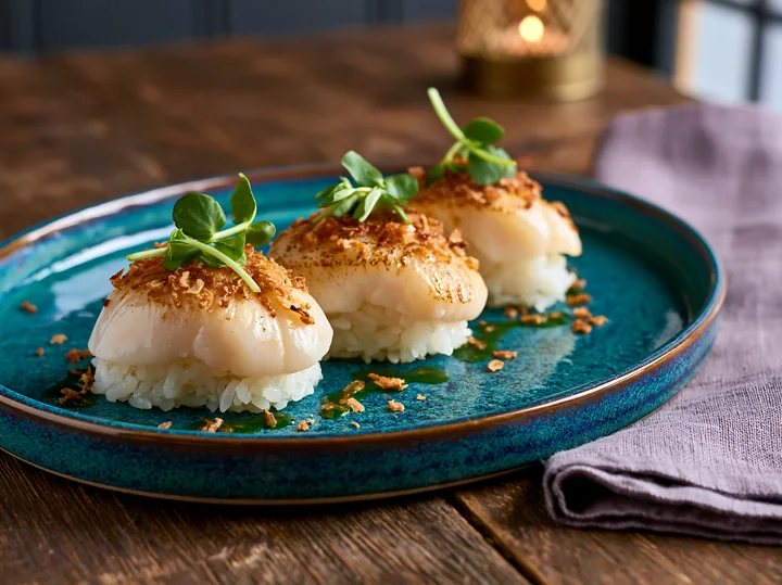 Scallop nigiri with garnish sits on a vibrant blue plate.