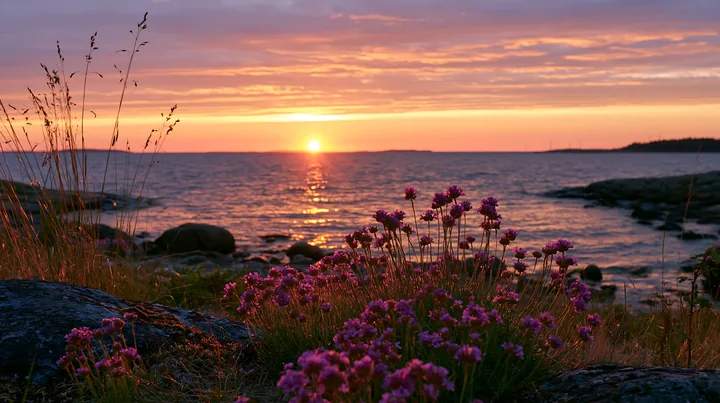 Sea lavender blooms on a rocky island as the sun sets over the water, casting warm colors across the sky.