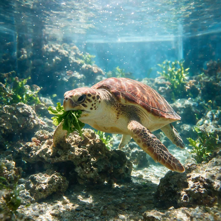 Sea turtle bites leafy greens while swimming over rocks and plants in a brightly lit aquarium.