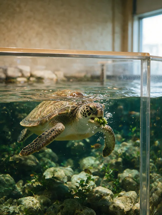 Sea turtle eating leafy greens underwater in a glass aquarium with rocks and aquatic plants.
