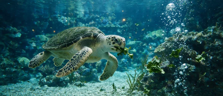 Sea turtle eating leafy greens underwater in an aquarium with rocks, plants, and rising bubbles.