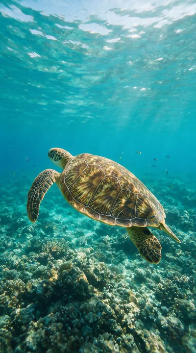 Sea turtle swimming above a coral reef in clear turquoise water with sunlight filtering through the surface.
