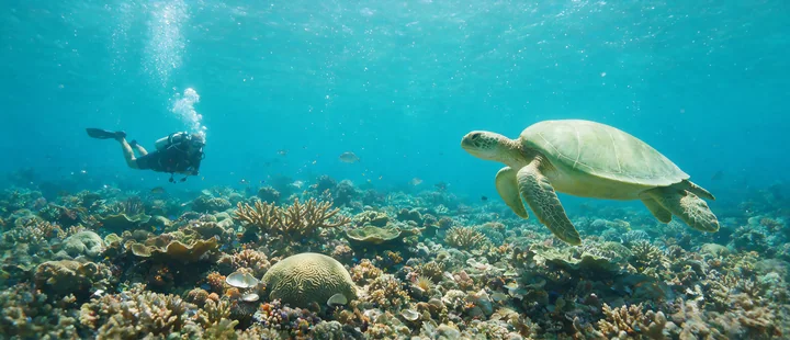 Sea turtle swims beside a scuba diver above a colorful coral reef in clear blue water.