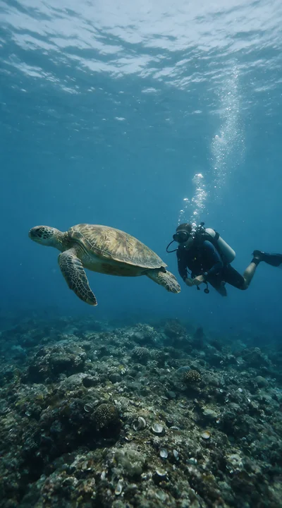 Sea turtle swims beside a scuba diver above a coral reef in clear blue underwater surroundings.