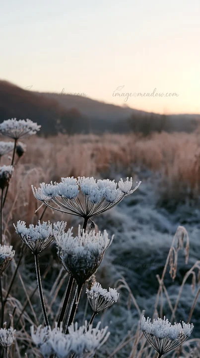 Frost-covered seedheads stand tall in a meadow at sunrise. The soft morning light reflects off the icy plants. The surrounding landscape shows dry grass and dis
