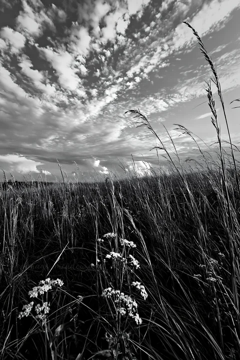 A field of seedheads stands tall beneath a cloudy sky. The grasses sway gently in the wind, creating a natural landscape filled with texture and color. Presente