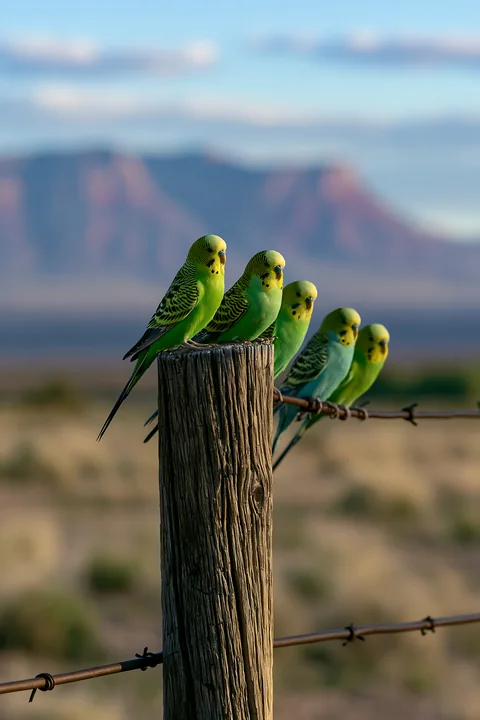 Several green and yellow budgerigars perch on a weathered wooden post and fence in a desert landscape.