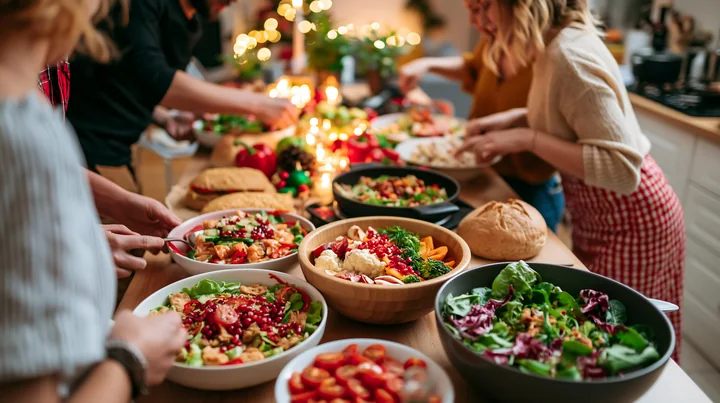 Several people prepare colorful Christmas dishes around a festive kitchen table with warm lights.