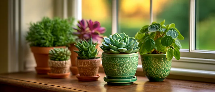 Several potted succulents and houseplants sit on a wooden windowsill, displaying various shapes and colors.