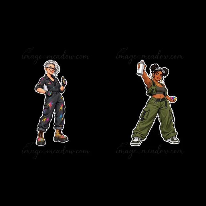 Two cartoon female graffiti sprayers work together in an urban scene. One wears a jumpsuit and glasses, holding a spray can. The other dons a crop top and cargo