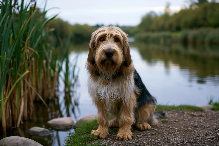 Shaggy dog sitting beside a pond and looking directly at the camera, framed by reeds and greenery.