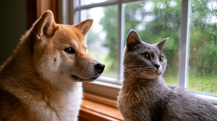 Shiba Inu and gray cat sit together beside a bright window inside a home.