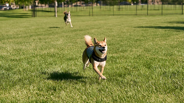 Shiba Inu in a cooling vest runs across a sunny grassy park while another dog appears in the background.
