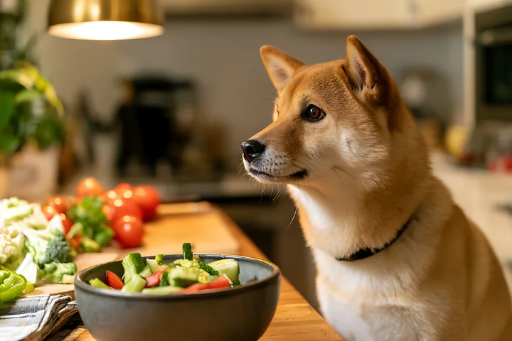 Shiba Inu looking toward a bowl of fresh vegetables on a kitchen counter.
