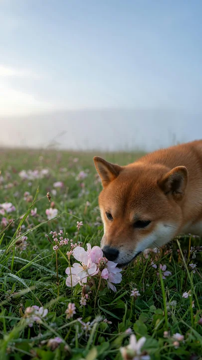 Shiba Inu lowers its nose to pink flowers in a green spring meadow beneath a softly blurred blue sky.