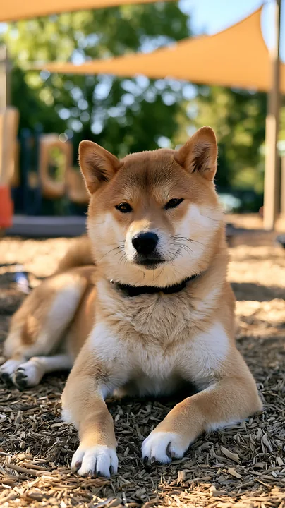Shiba Inu lying on wood mulch beneath orange shade canopies beside a playground area with no children visible.
