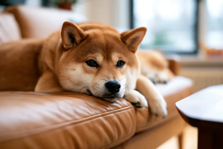 Shiba Inu resting on a sofa looks relaxed and comfortable in a brightly lit living room.