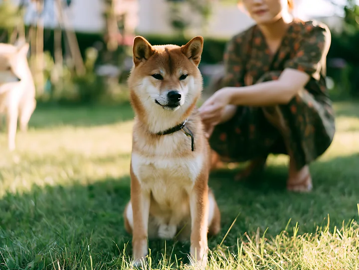 Shiba Inu sits calmly on grass while a partially visible owner rests beside the dog outdoors.
