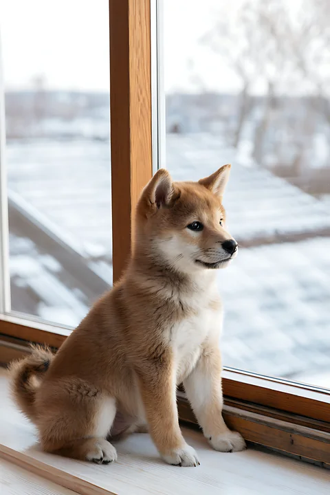 Shiba Inu sitting beside a wooden window and looking out at a snowy winter landscape.