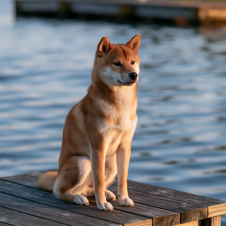 Shiba inu sitting on a wooden dock beside calm blue water in warm light.