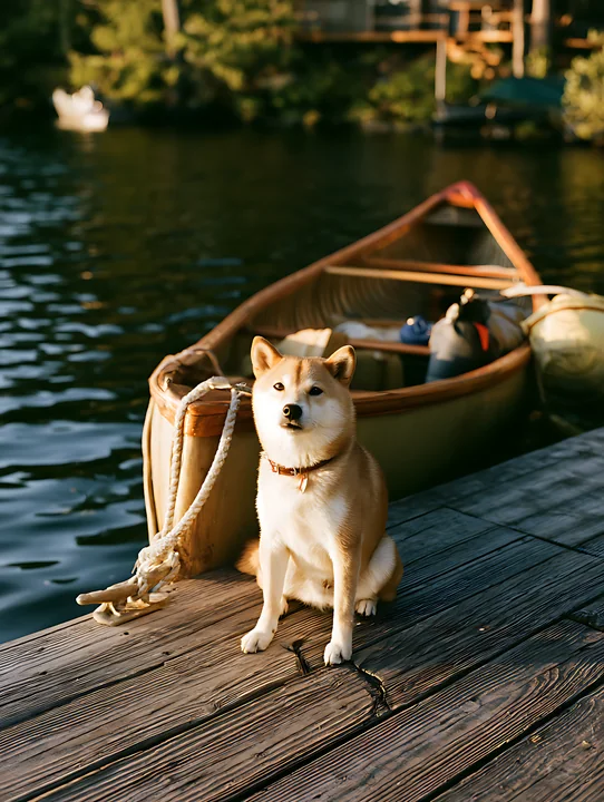 Shiba Inu sitting on a wooden lakeside pier beside a tied canoe and calm water.