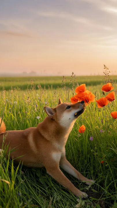 Shiba inu sniffing orange poppies while sitting in a sunlit spring meadow.
