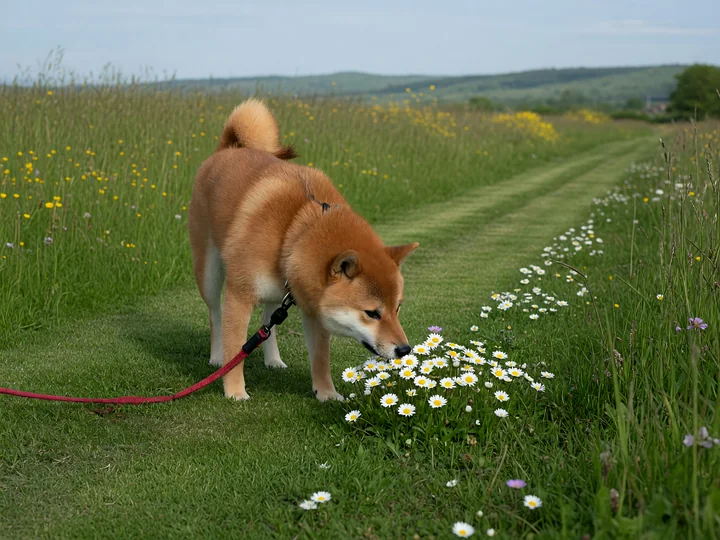 Shiba Inu sniffing white daisies beside a grassy path in a flower-filled spring meadow.